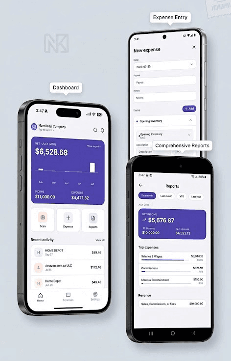 NumKeep mobile app showing the dashboard, reports, and expense entry screens